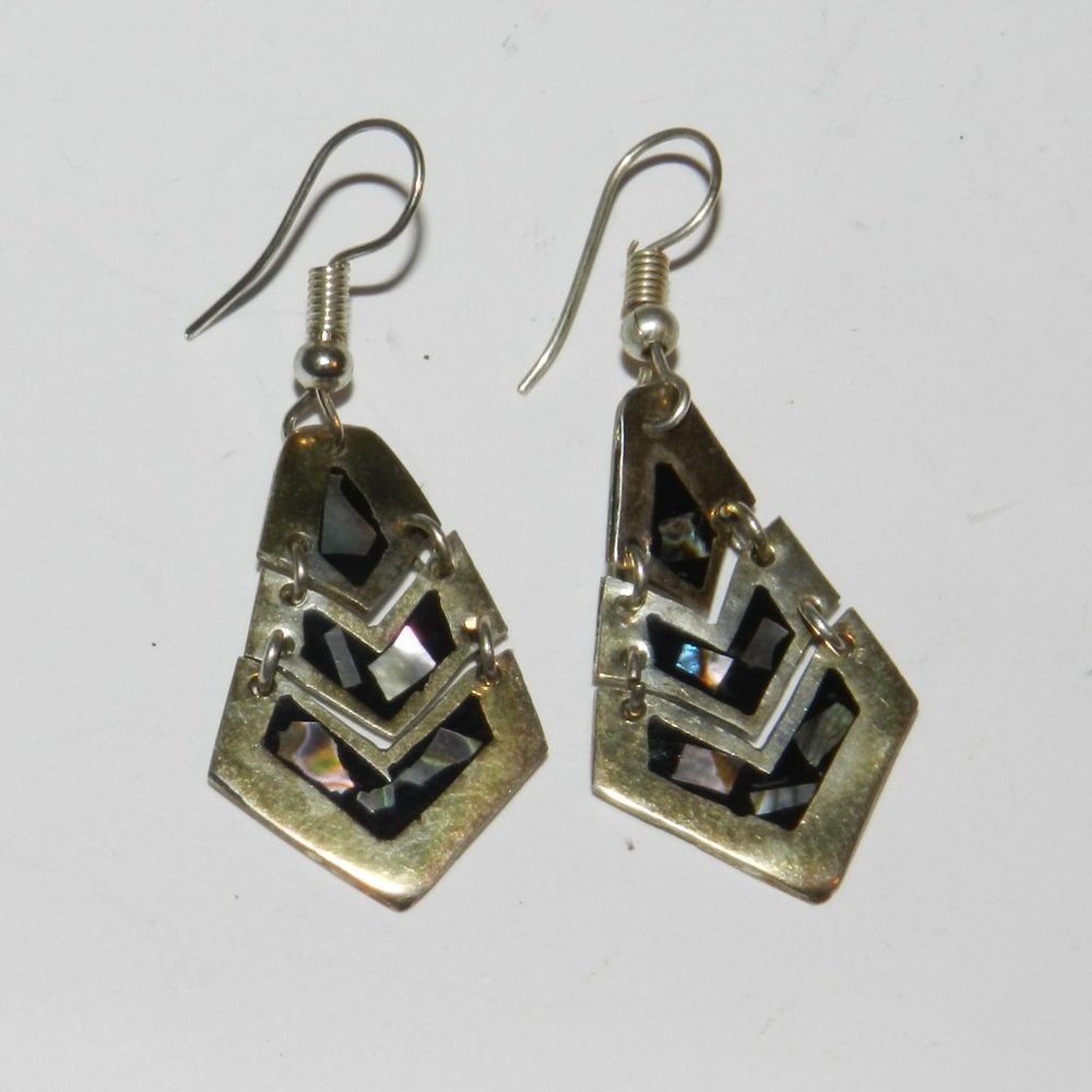 Vintage 1970s Mexican Alpaca and Abalone Shell Geometric Earrings - Picture 2 of 4